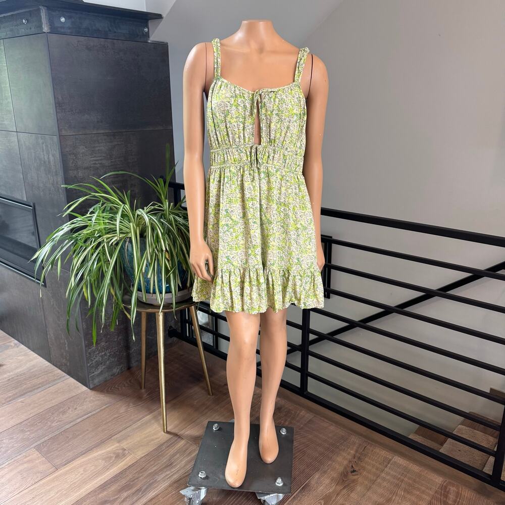 American Eagle Silky Tie-Front Mini Dress Green Floral Ruffle Babydoll Cami XL